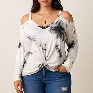 Plus Size Womens 2XL Tie Dye Cold Shoulder V-Neck Long Sleeve Twist Front Top